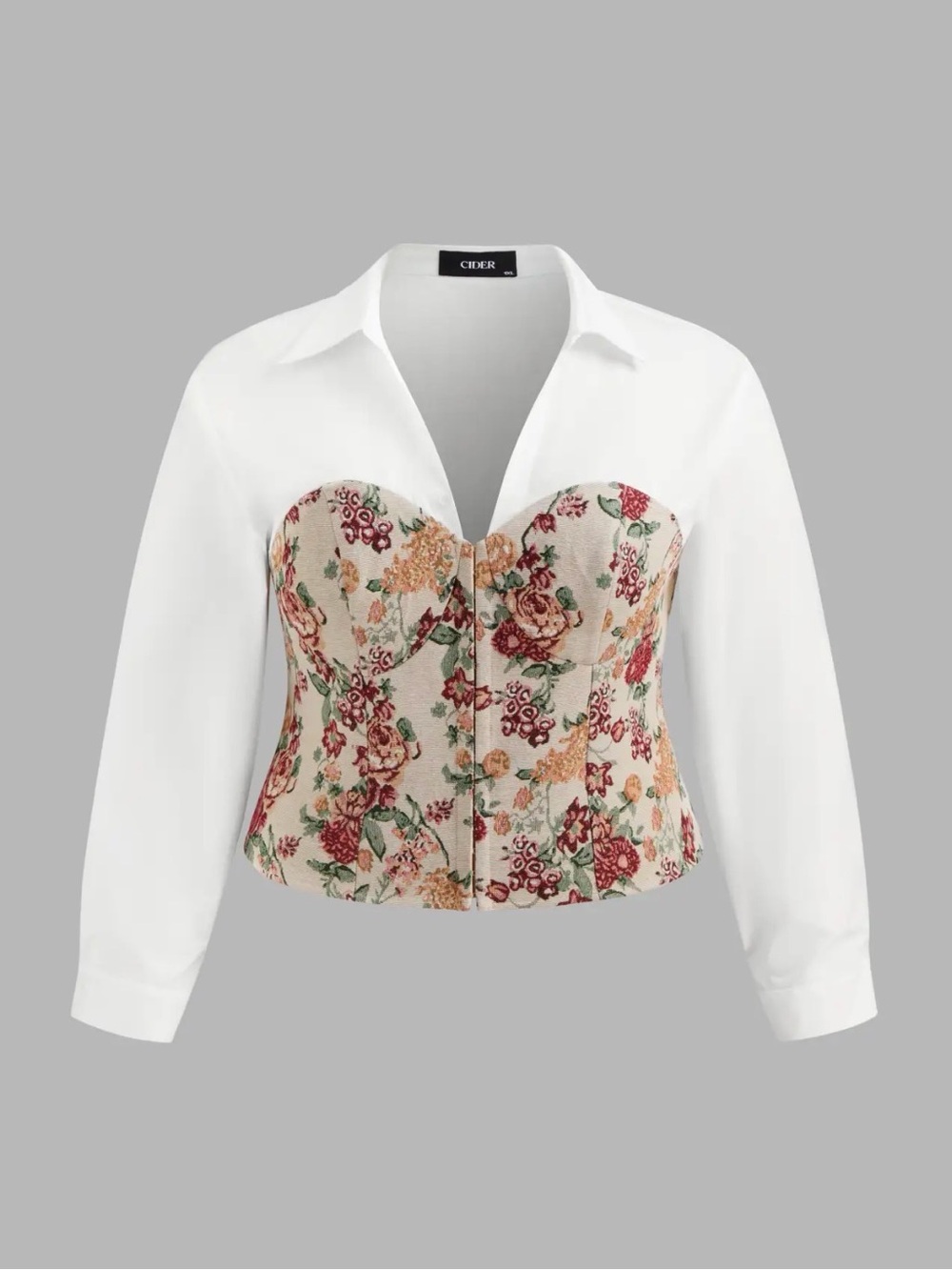 CEDER 100% COTTON COLLAR FLORAL PATCHED BUTTON LONG SLEEVE BLOUSE CURVE & PLUS